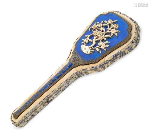 A Chinese Bone Inset Blue Enameled Metal Hand Mirror