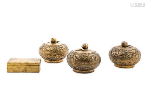 Four Chinese Brass Boxes Tallest: height 4 in., 10 cm.