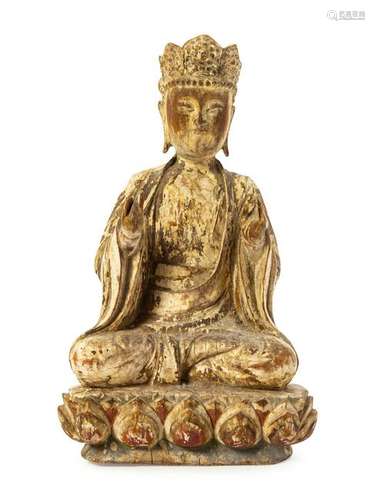 A Chinese Carved Wood Figure of Guanyin Height 12 1/4