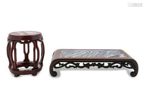 Two Chinese Marble Inset Rosewood Stands Larger: length