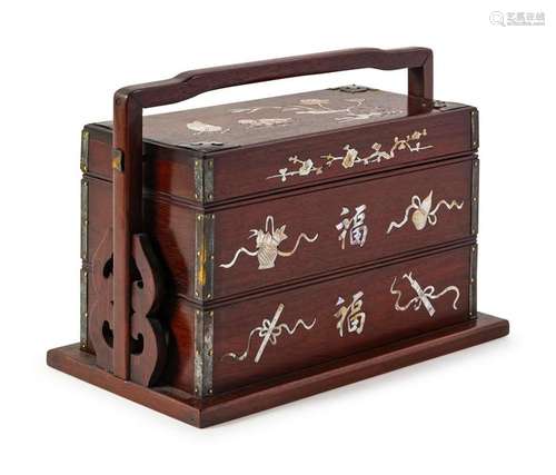 A Chinese Mother-of-Pearl Hardwood Picnic Box Height 9