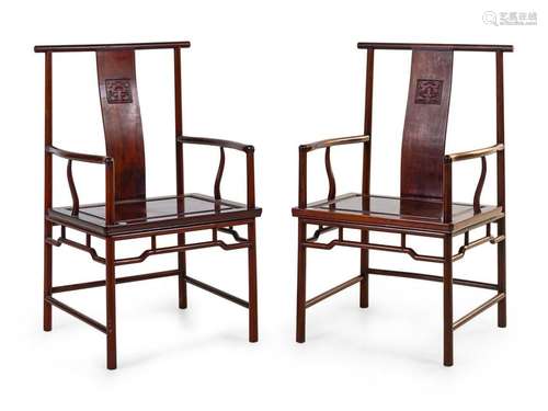 A Pair of Chinese Rosewood Official's Hat Arm Chairs