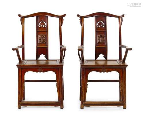 A Pair of Chinese Elmwood Armchairs Each: height 45 3/4