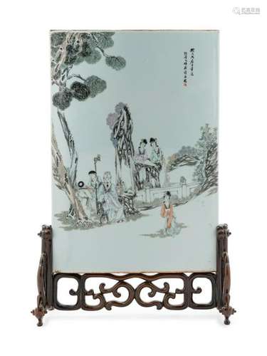 A Chinese Grisaille Decorated Porcelain Table Screen