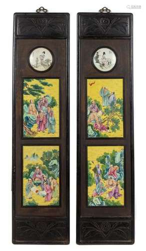 Two Chinese Famille Rose Porcelain Inset Hardwood Wall