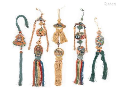 Five Chinese Embroidered Silk Pendants Largest: length