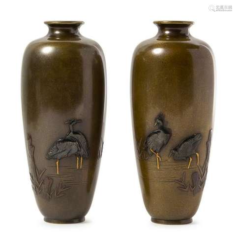 A Pair of Japanese Mixed Metal Vases Height 6 in., 15.2