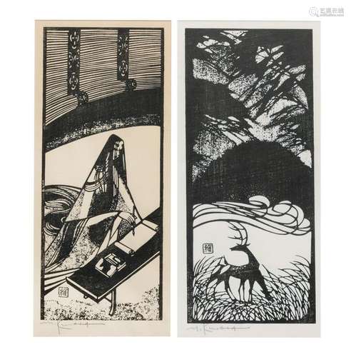 Two Japanese Woodblock Prints Image: height 14 x 6