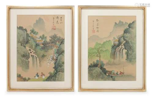 Four Japanese Ink and Color Paintings on PaperÂ  Each