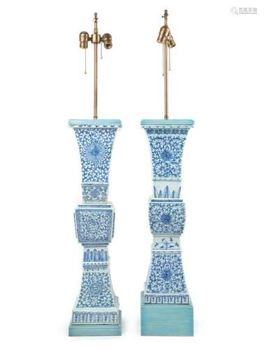 A Pair of Chinese Blue and White Porcelain Gu Vases