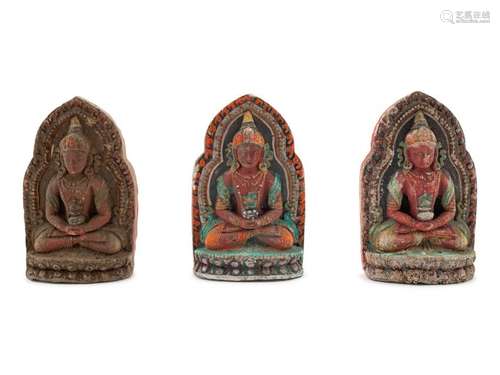 Eighteen Tibetan Painted Pottery Buddhist Votives Each: