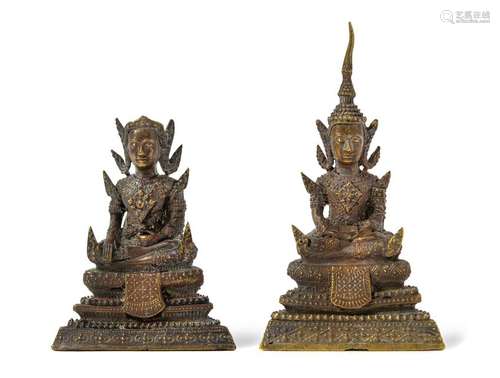 Two Thai Gilt Bronze Figures of Buddha Larger: height 5