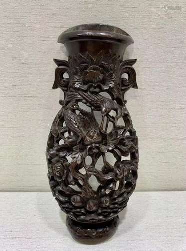 Chinese Longan Wood Wall Hanging Vase, Open Work