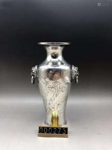 Chinese Silver Vase w Handle, Mark