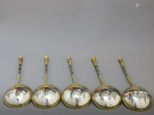 Five Russian Silver-Gilt & Niello Spoons