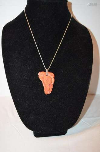 Hand carved red coral flower silver necklace