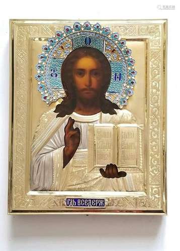 19C Antique Russian Gilt Silver Enamel Icon of Christ P