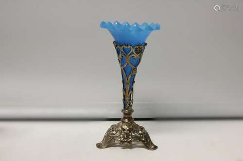 Blue Glass Like Tulip Vase on Silver Plated Stand