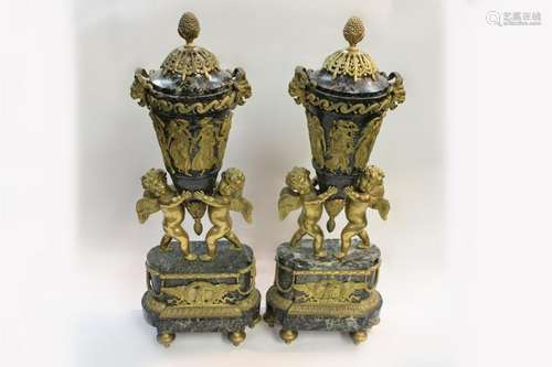 Pair of Bronze and Marble Cover Vases