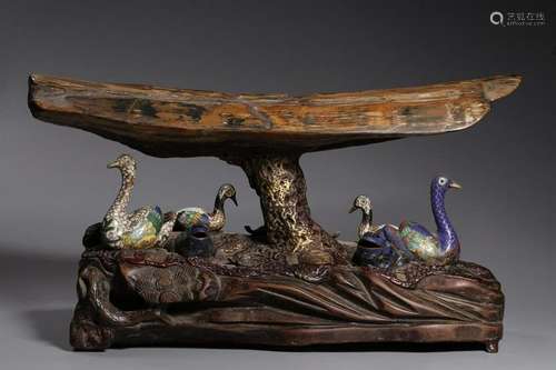 Chinese Bone Carving w Enamel Gooses