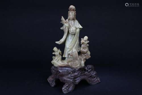 Qing Chinese Soapstone Carved Guanyin and Boys