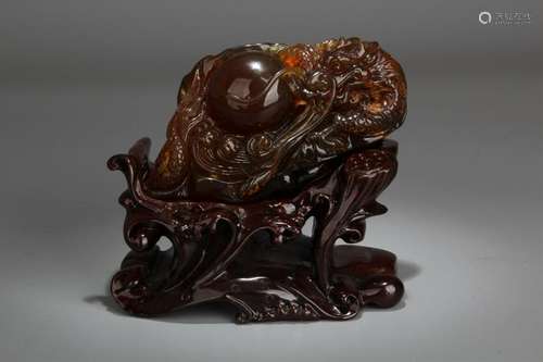 Natural Amber Carved Dragon Play Balls w Stand