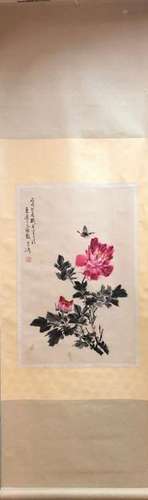 Chinese Ink/Color Scroll Painting, Peony