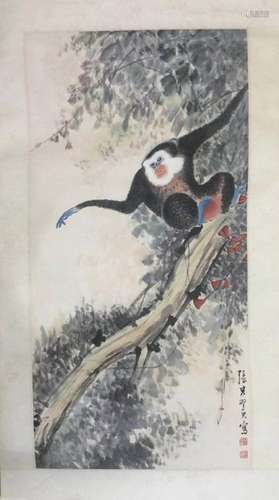 Chinese Ink Color Painting, White Face Monkey