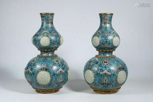 Pair of Qing Chinese Cloisonne Gourd Vases w Jade