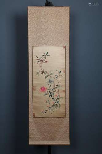 Chinese Birds&Flowers Silk Scroll Painting