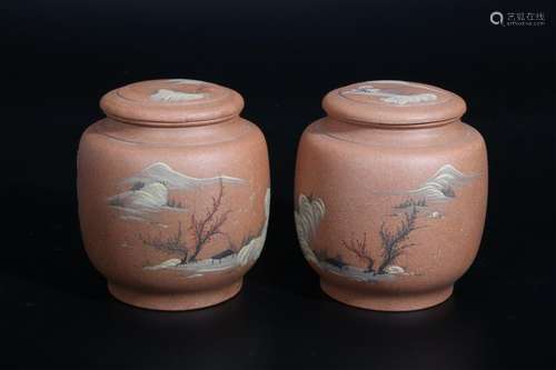 Pair of Chinese Cover Tea Jar w Calligraphy