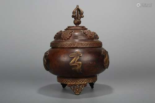 Chinese Tibetan Bronze Cover Tripod Censer