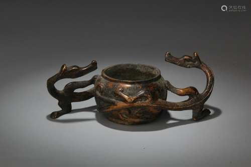 Chinese Bronze Carved Washer w Chilong Handles