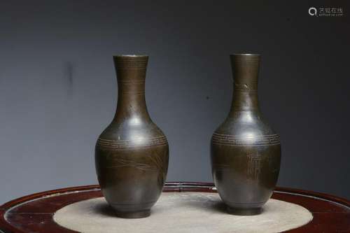 Pair of Qing Chinese Bronze Vases,Silver Inlaid