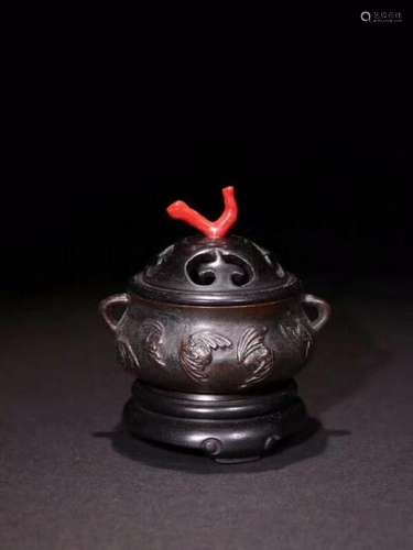 Chinese Bronze Censer w Wood Cover&Base