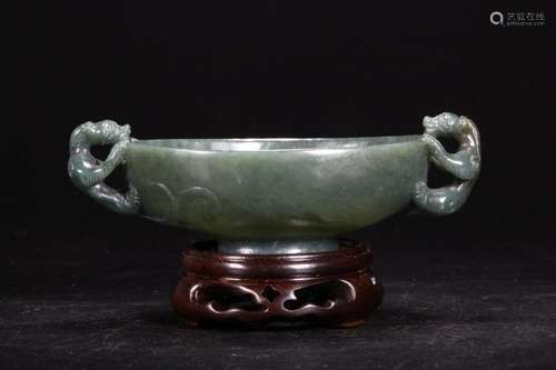 Chinese Spinach Jade Carved Cup w Chilong Handles