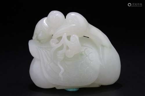 Chinese Hetian White Jade Carved Goose and Boy