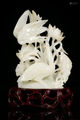 Chinese Hetian Jade Carved Birds&Flowers