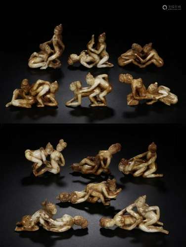 Chinese Jade Carved Erotic Figurals, 12 pieces