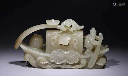 Chinese Hetian Jade Carved Boat and Figural