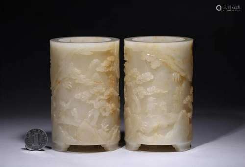 Two Chinese Jade Carved Brush Pot