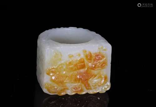 Chinese Hetian Jade Carved Thumb Ring w Russet