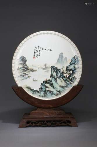 Chinese Famille Rose Landscape Tray w Stand