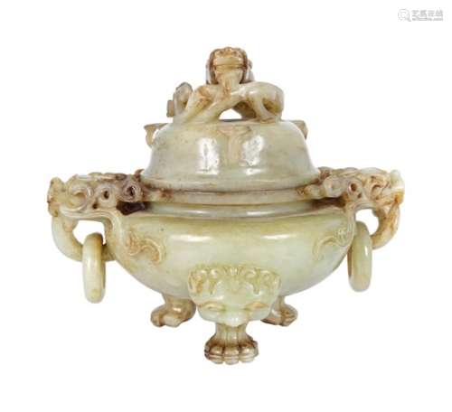 CHINESE PALE GREEN JADE DRAGON CENSER & COVER