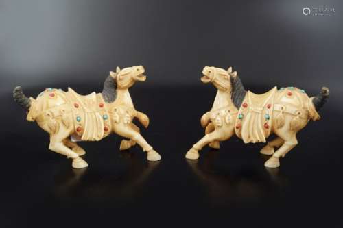 PAIR OF CHINESE CARVED IVORY HORSES