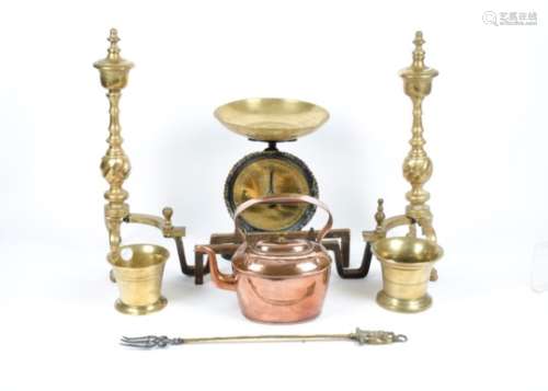A selection of metal ware, including two 18th Century mortars, a 'Salter Family Scale' no.45 with