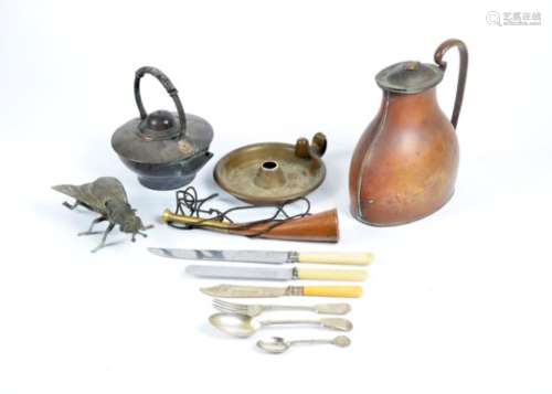 A selection of brass and copper ware, including an Arts & Crafts kettle, pair of candlesticks,