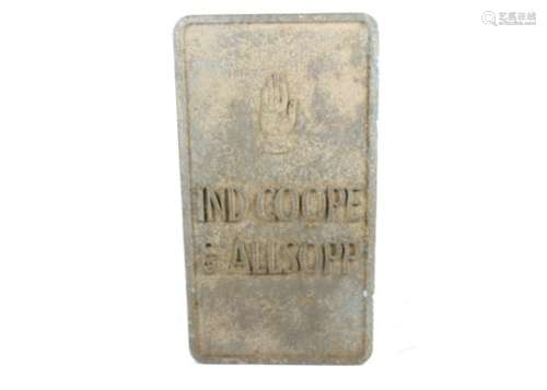 A vintage advertising sign 'Ind Coope', for the Ind Coope Brewery, mid 20th Century, alloy metal