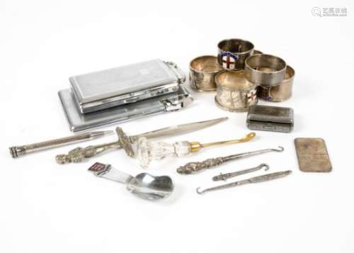 Seven 20th Century silver napkin rings, by various makers, two silver plated cigarette cases and