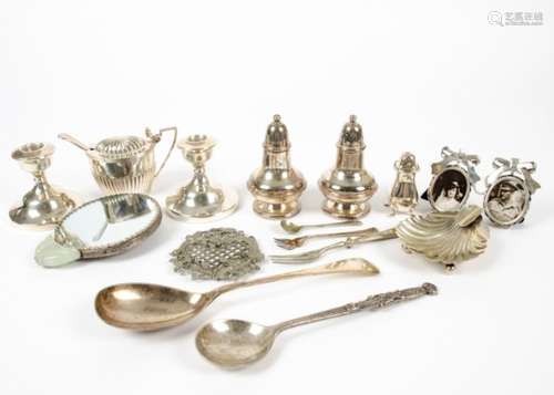 A collection of 20th Century silver and silver plate, including a pair of silver mounted candlestick